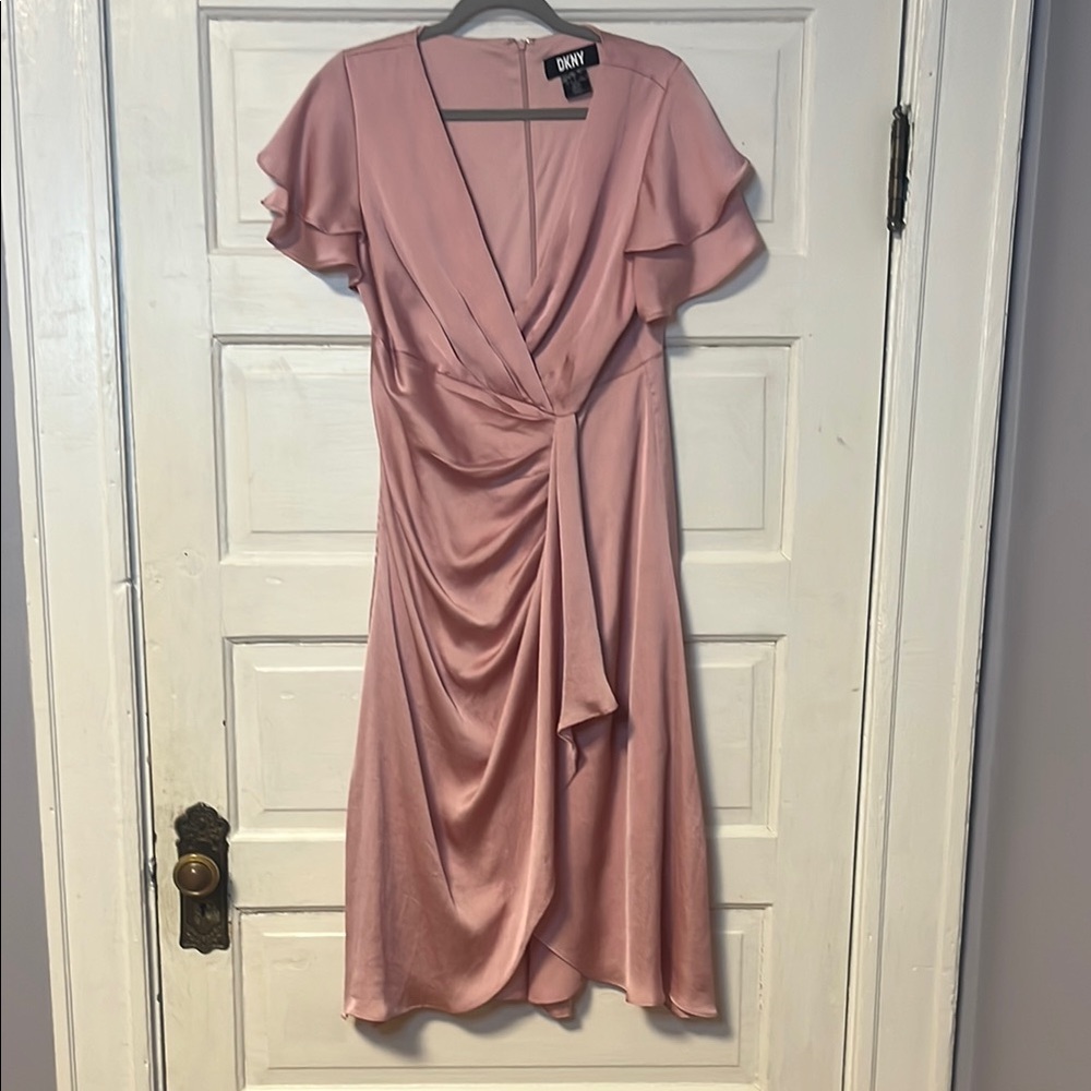 DKNY Pink Asymmetrical Midi Dress with Flutter Sleeves